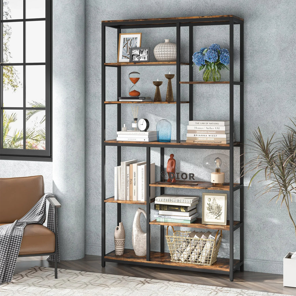Tribesigns Modern 8-Tier Staggered Bookcase -, Wide Wood Etagere Shelving Unit