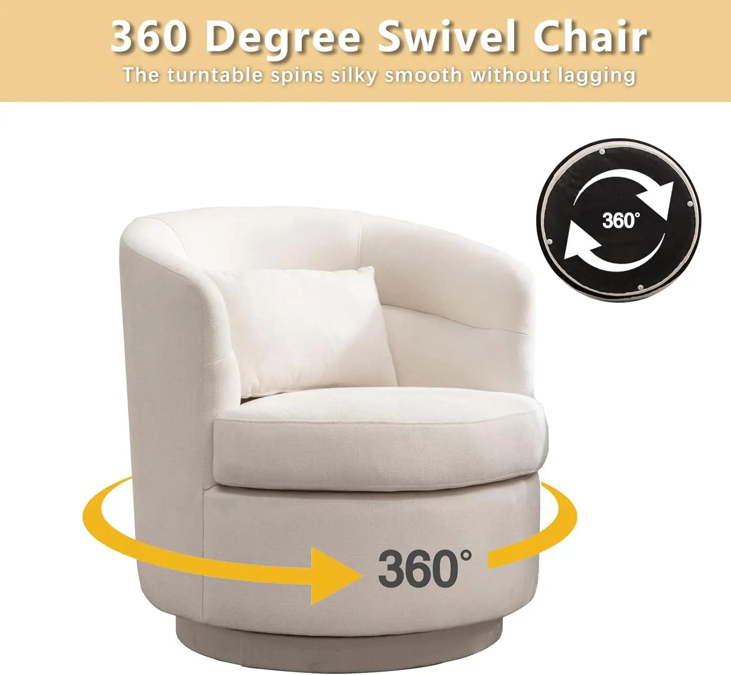 Swivel Accent Chair, 360° Round Barrel Armchair with Pillow, Beige Upholstered Club Chair for Living Room Bedroom Reading Nook