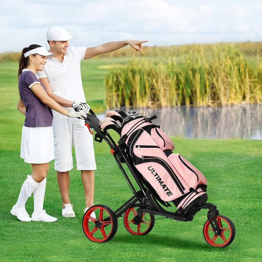 Golf Push Cart with 360 Rotating Front Wheel Aluminum Collapsible 3 Wheels Golf Pull Cart Golf Trolley w/Elastic Strap Scoreboa