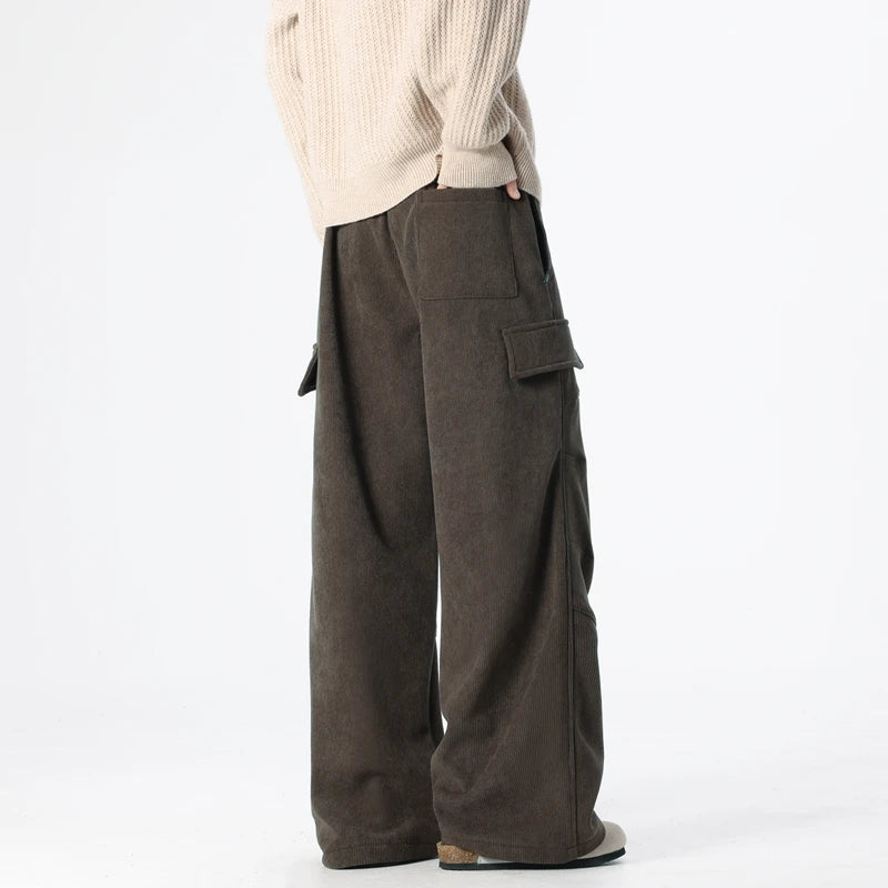 Men's Winter Cargo Pants Thickened Casual Straight Leg Trousers Solid Streetwear Comfortable Fabric Outdoor Unisex