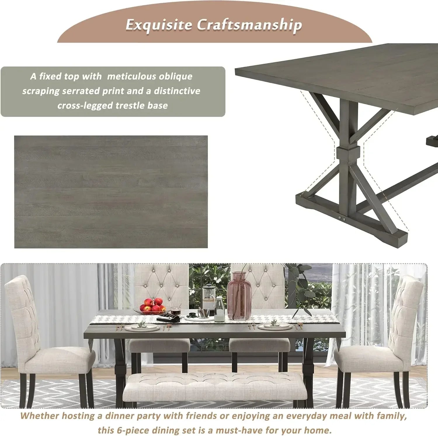 （XMSJ-Hot）6 Piece Kitchen Dining Table Set, 72 inch Wooden Rectangular Table with 4 Upholstered Chairs and a Bench, Dining Room