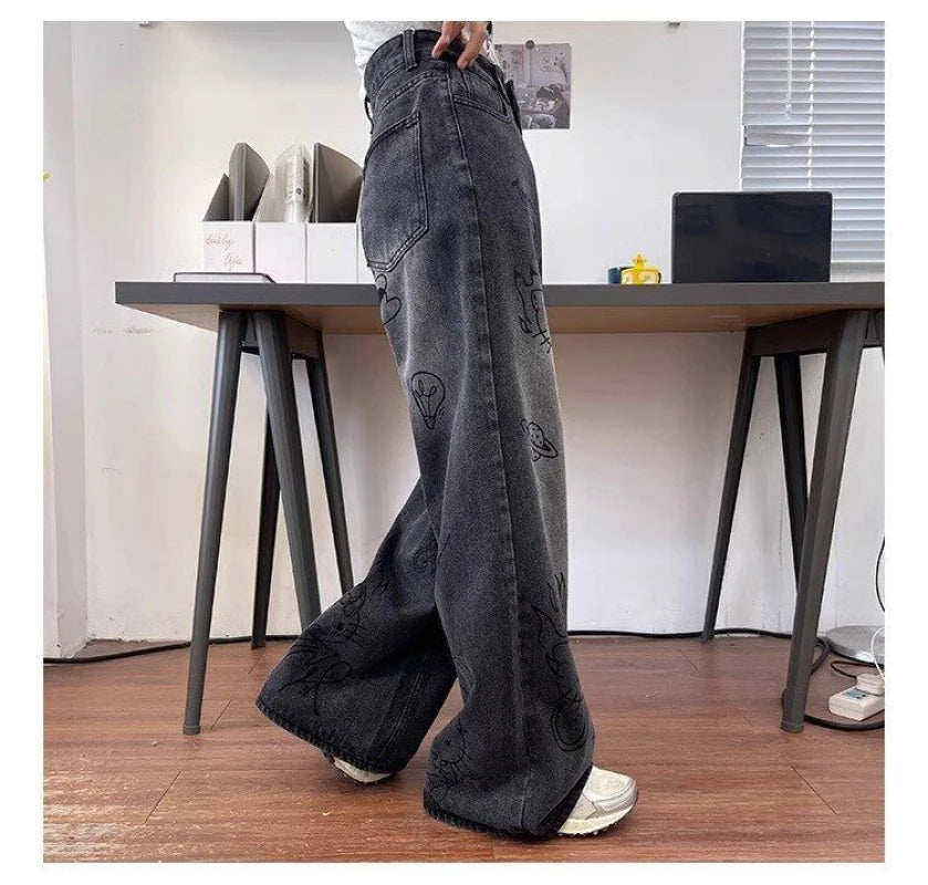 Vintage Cartoon Cute Scrawl Y2k Jeans American High Street All-match Pants for Women 2024 Spring Summer New Jeans Women