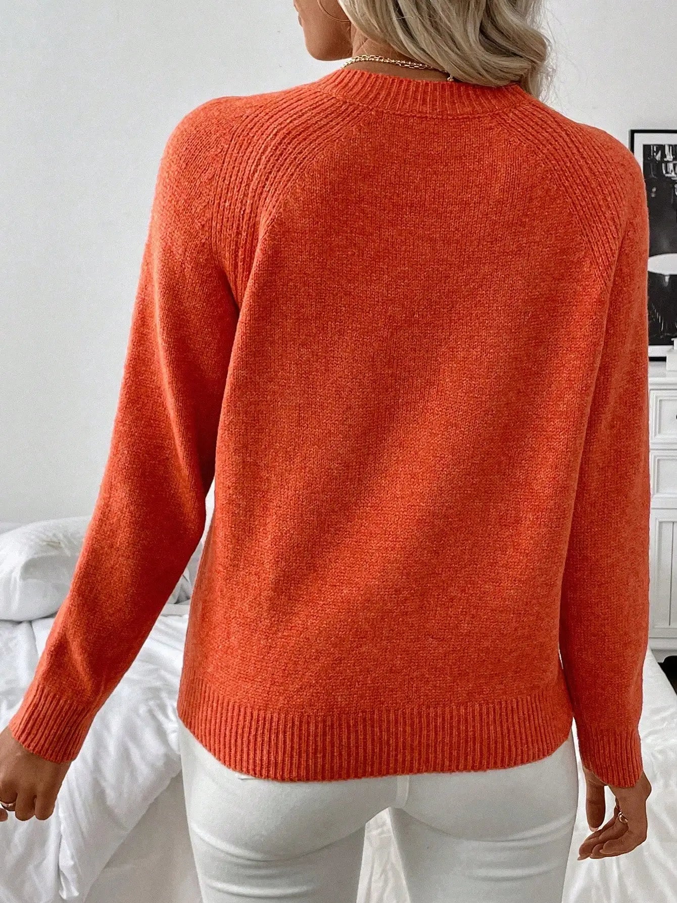 Orange Long Sleeve Knit Pullover with Pearl Buttons and Heart Detail, Fall Winter Basic Sweater