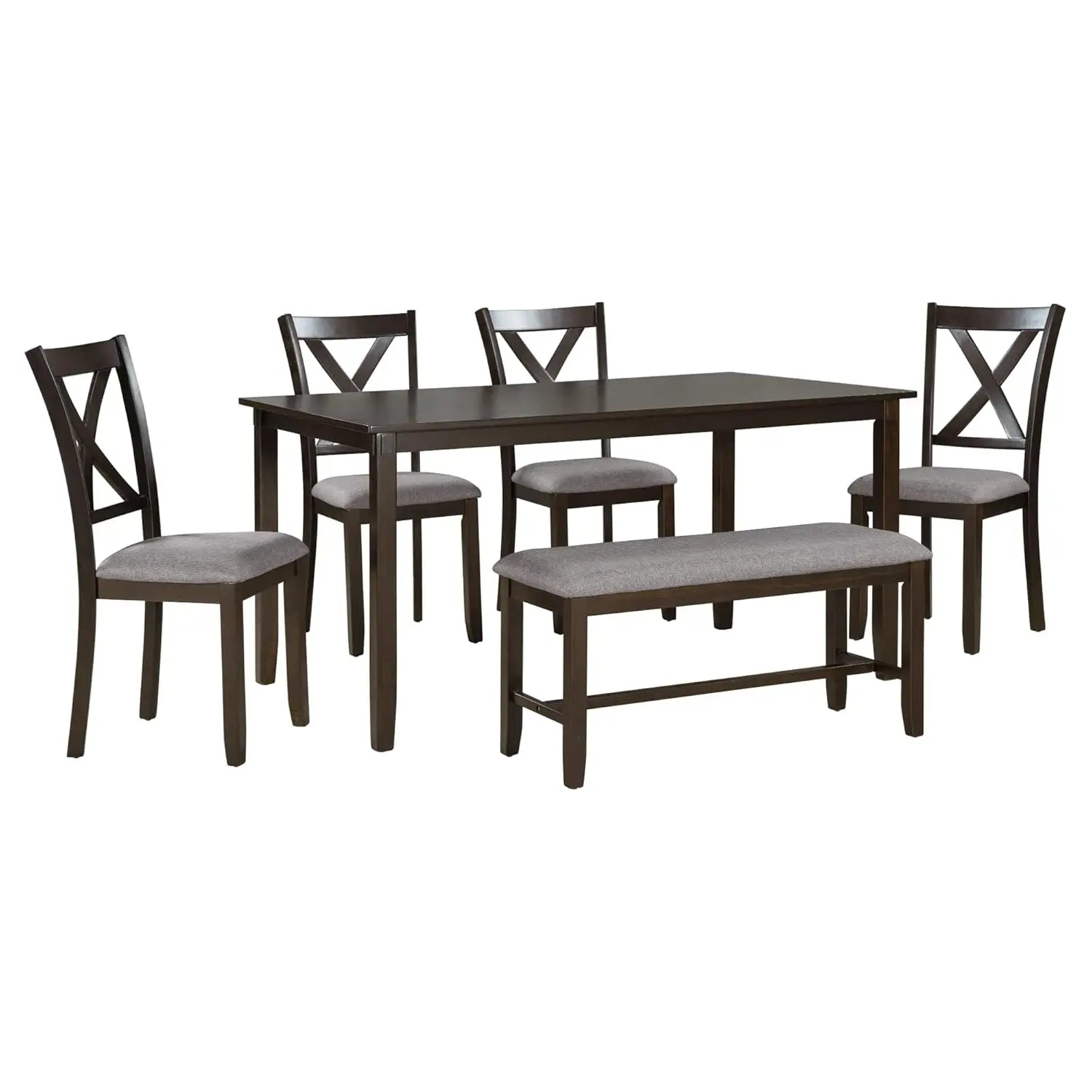 6 Piece Kitchen Dining Table Set, Wood Rectangular Table and 4 Dining Chairs with Cushions and 1 Bench with Cushion, Kitchen