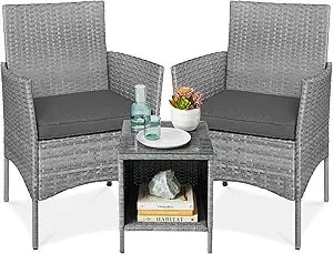 3-Piece Outdoor Wicker Conversation Bistro Set, Space Saving Patio Furniture for Garden w/Side Table - Gray/Navy