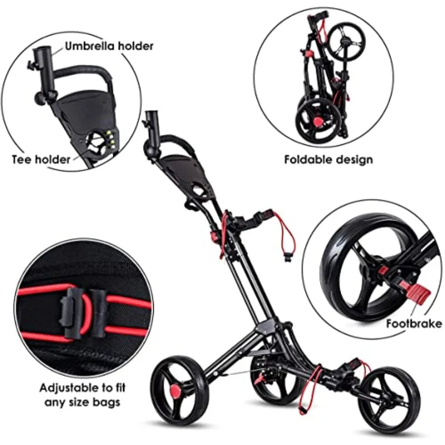 GRAFFY Golf Push Cart 3 Wheels Folding Golf Trolley with Foot Brake Umbrella Tee Holder Lightweight Pushcart with Adjustable Ha