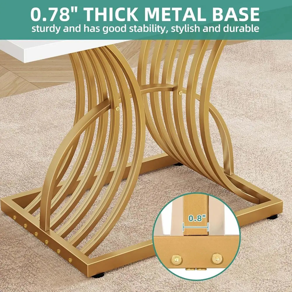 Modern Rectangular Dining Table, White Top & Geometric Gold Legs, Seats 4, Small Kitchen Table for Dining Room