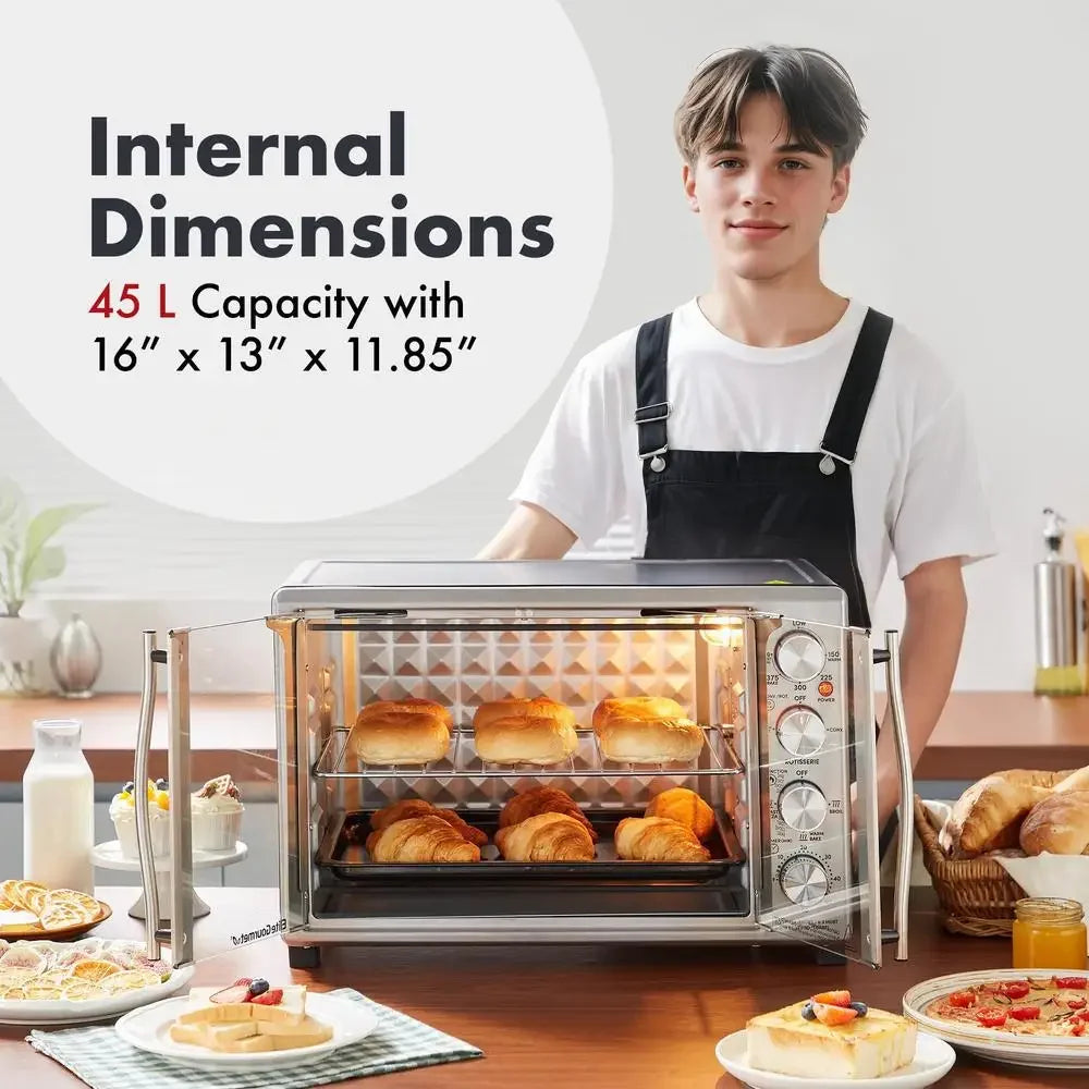 45L Countertop Convection Toaster Oven French Dual Door Rotisserie Adjustable Temperature Timer Bake Roast Broil Toast Stainless