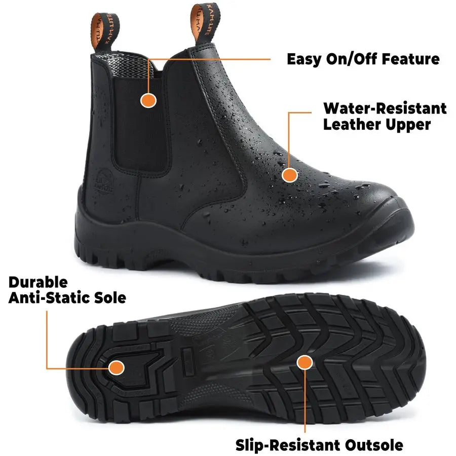 Boots for Men, Slip On Steel Toe Chelsea Safety Boots, Waterproof Slip Resistant Work Shoes, Lightweight Comfortable Breathable