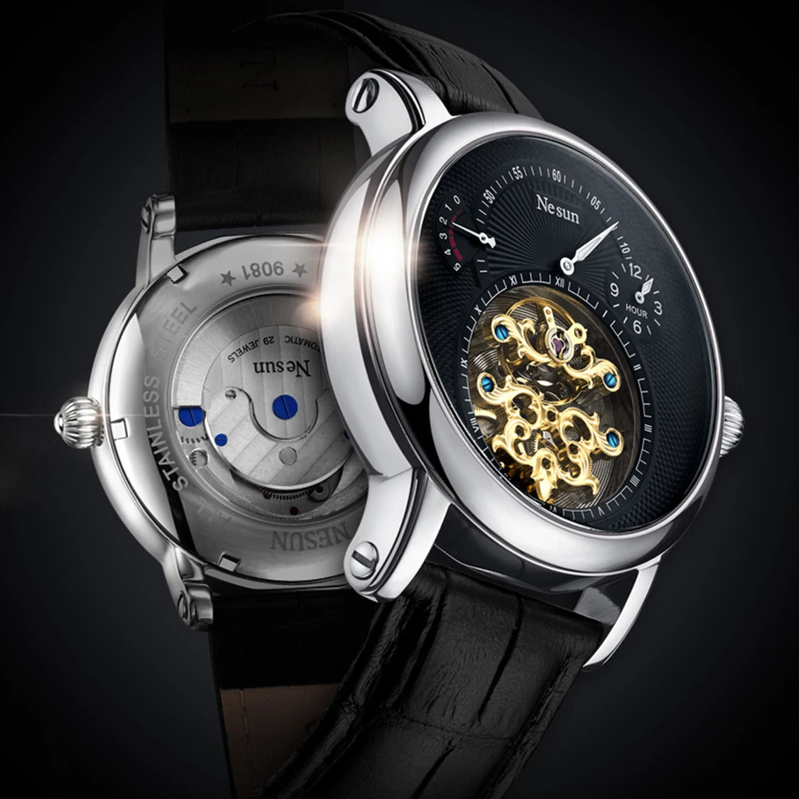 NESUN automatic mechanical men's watch, multi-functional luminous stainless steel classic business men's watch