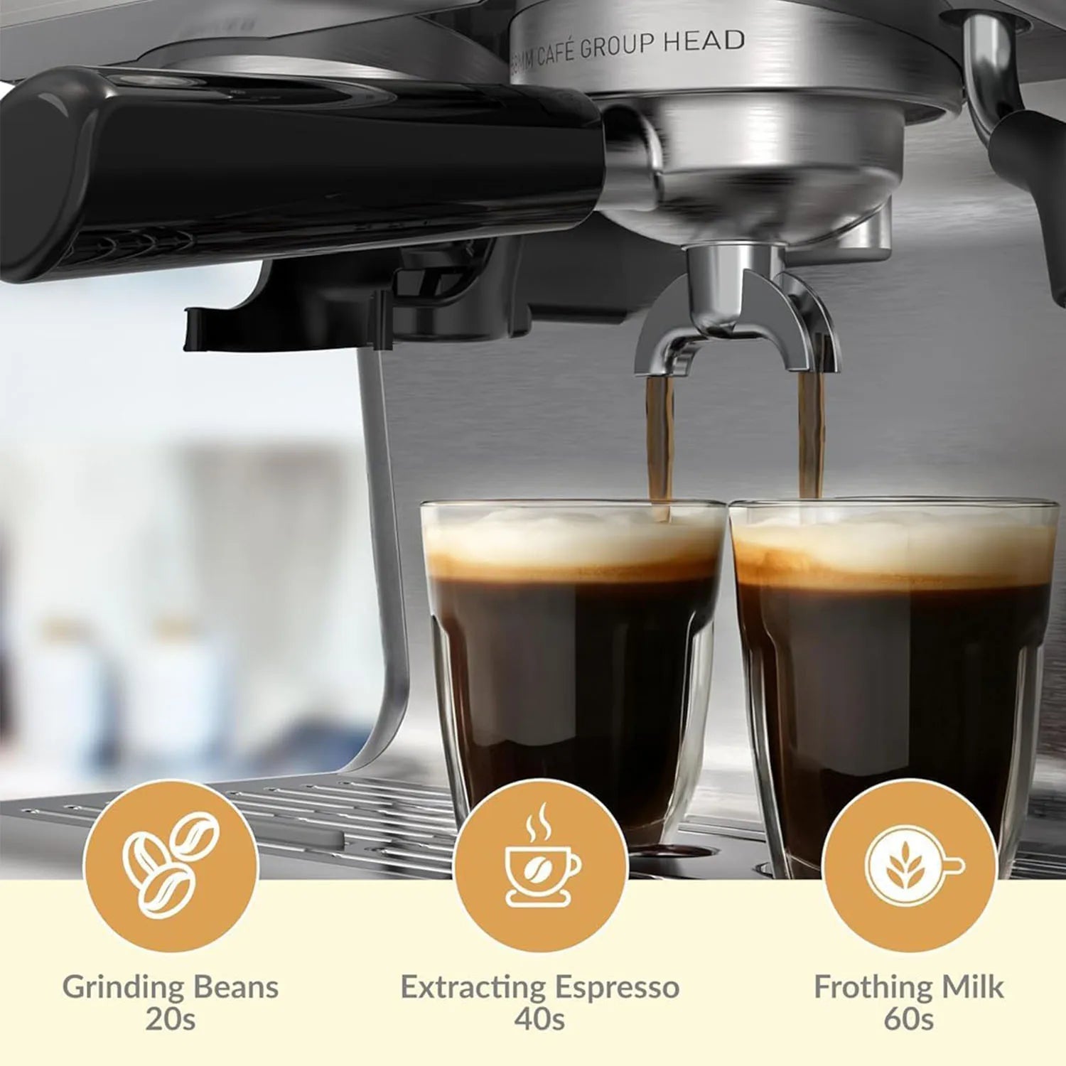 Semi-Automatic Espresso Machine 1450W Power 20 Bar Pressure 30 Grind Settings Fast Heat-Up Milk Frother Steam Wand for Home