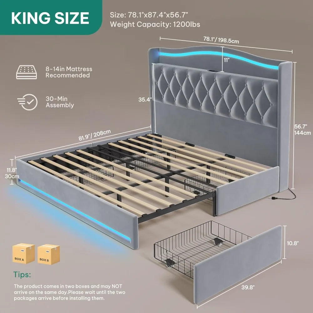 King Size DWVO Bed Frame with 4 Storage Drawers, RGB LED Lights, and 57 Tall Velvet Upholstered Headboard with Charging Station