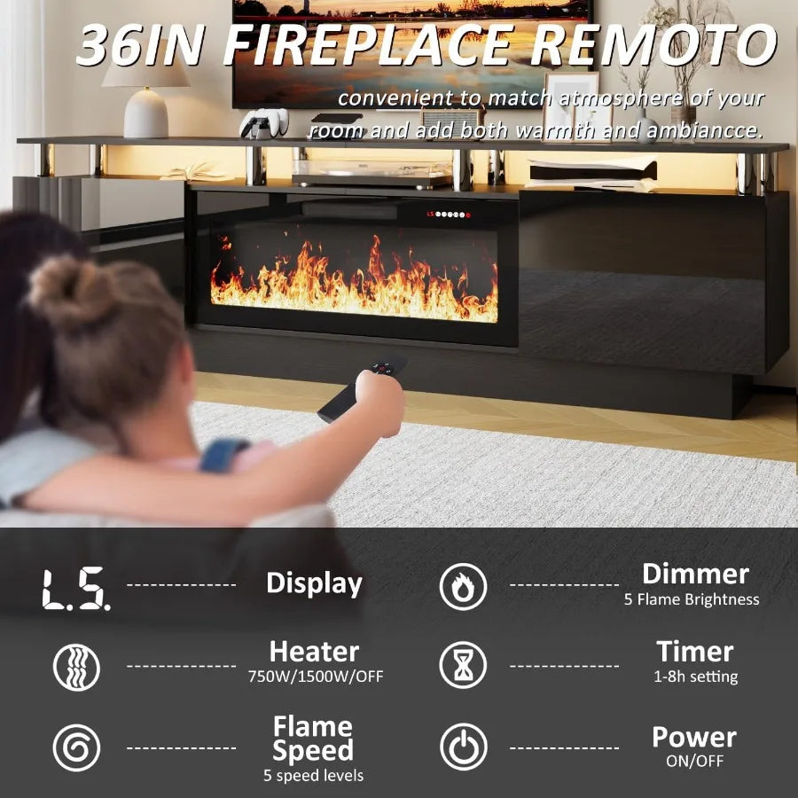 80 Inches Fireplace TV Stand for TVs up to 90 Inches with 36'' Electric Fireplace Remote Modern Entertainment Center in Black w