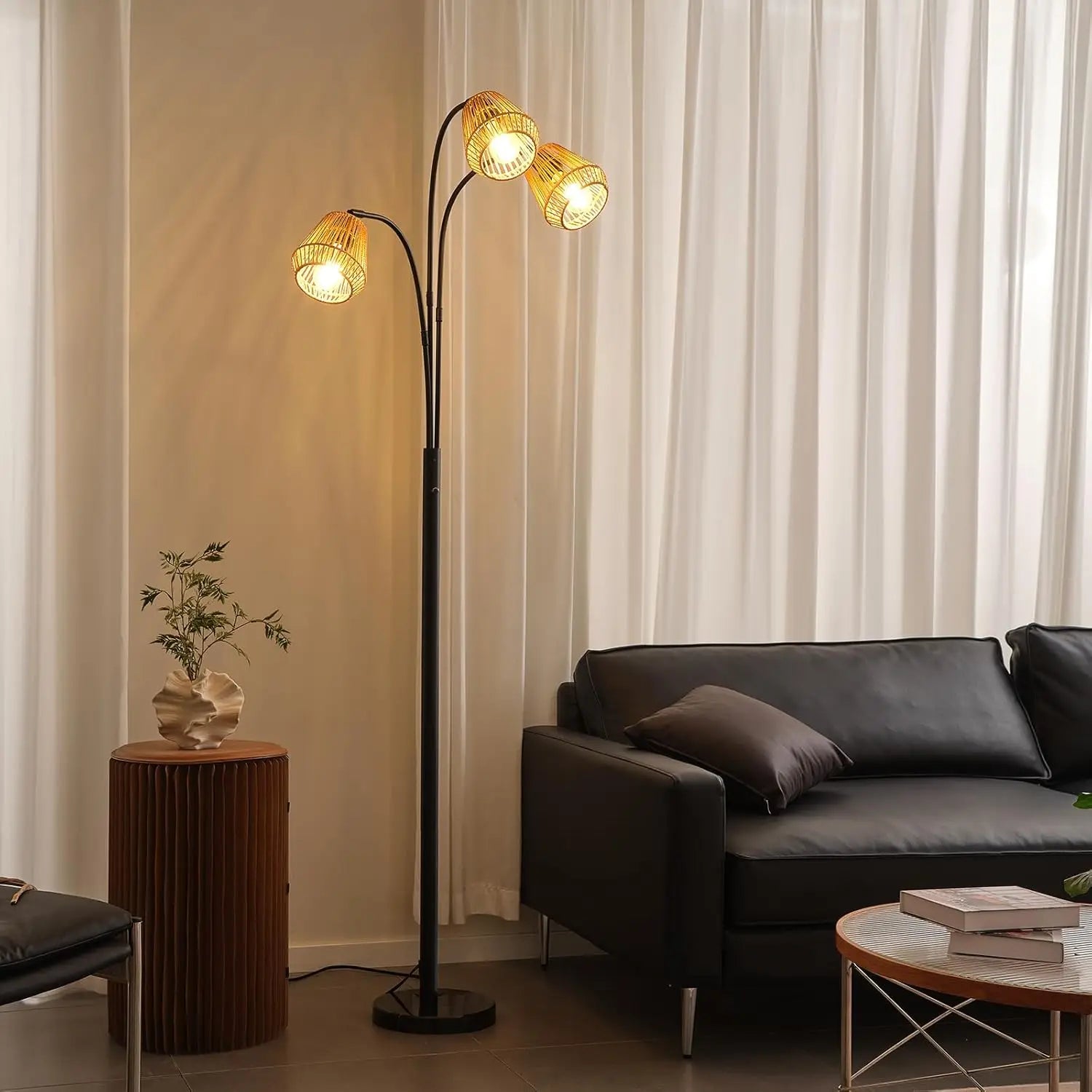 72' Boho Floor Lamp with Rotary Switch, Wicker Shade for Living Room, Coastal Rustic Standing Lamp