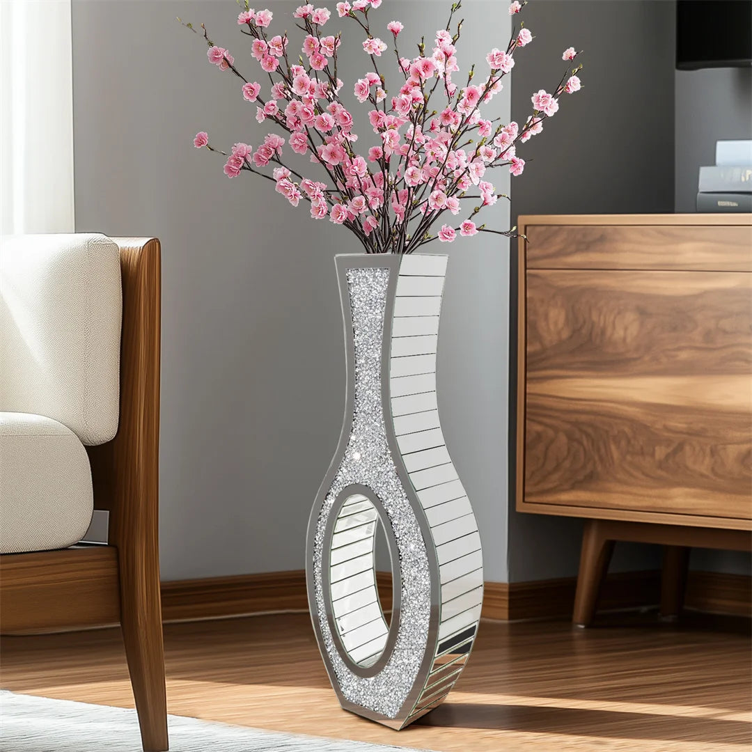 Designed Modern Flower Vase Silver Crystal Mirrored Floor Vase Home Decorative Standing Flower Vase
