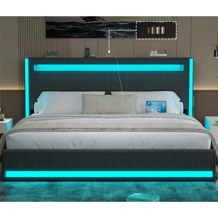 King Size Bed Frame and Adjustable Headboard Light up King Size Platform Bed Frame with TypeC USB Charging Station LED Upholste