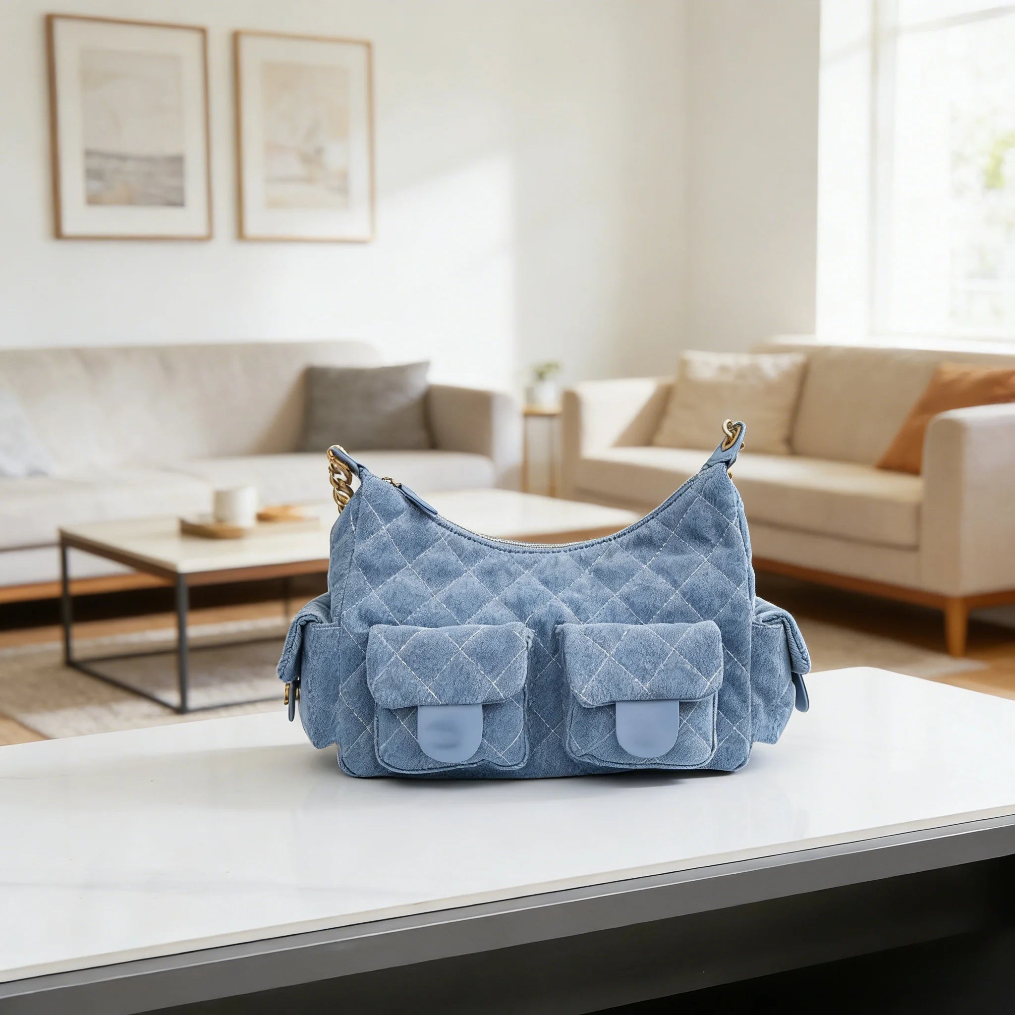 New Light Blue Denim Quilted Crossbody Bag | Multi-Pocket Crescent Shoulder Bag | Casual Fashion Handbag for Daily/Travel