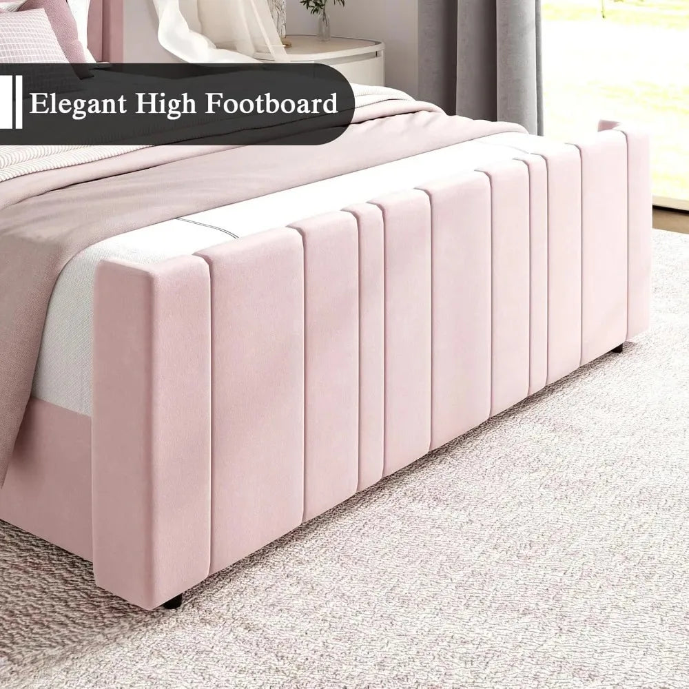 Queen Bed Frame Pink Upholstered Bed with Vertical Channel Tufted Headboard & 22" Footboard, Noise Free/Wooden Slats，Customized