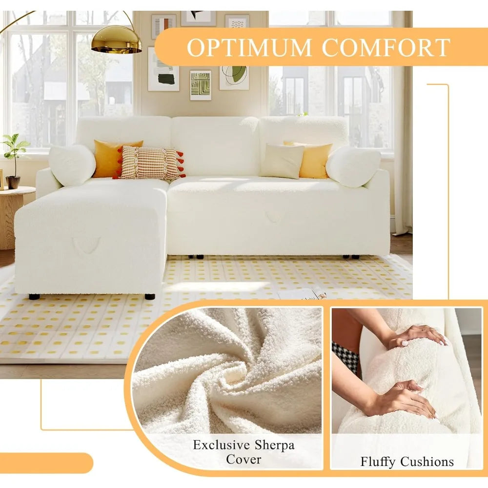 2-in-1 Convertible Sofa Bed with Storage Chaise, White Sherpa Fabric, 84 x 59 x 39 for Living Room