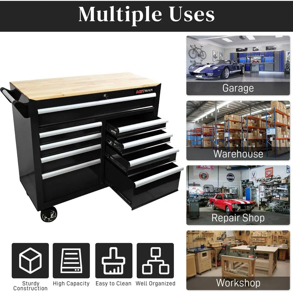 9-Drawer Mobile Tool Chest with Wood Top, Heavy Duty Rolling Workbench for Garage, Workshop, and Repair Shop (Black)