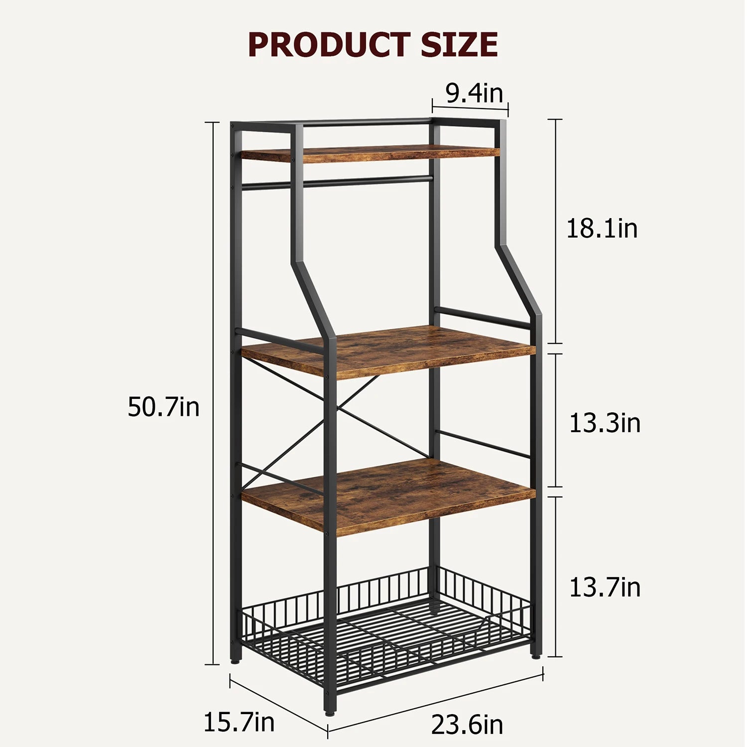 Kitchen Bakers Rack, Microwave Oven Stand with Large Wire Basket, 4-Tier Kitchen Utility Storage Shelf Coffee Bar Station