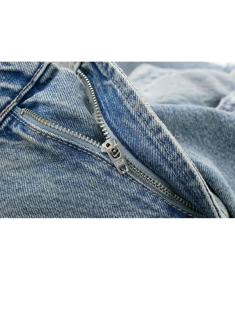 HH 2024 Vintage Denim Jeans For Women 2 Colors High Waist Zipper Fly Ripped Distressed Patchwork Causal Straight Trousers