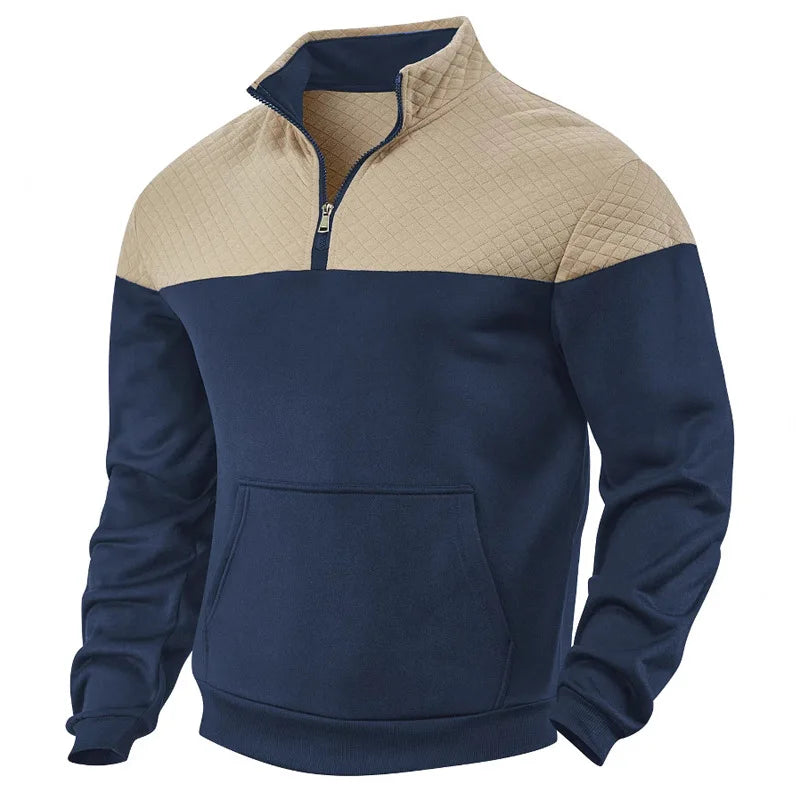 Cross Border Mens Oversized Color Block Hoodie Heavy Fleece Lined Winter Stand Collar Zipper Sweater Casual Loose Fit
