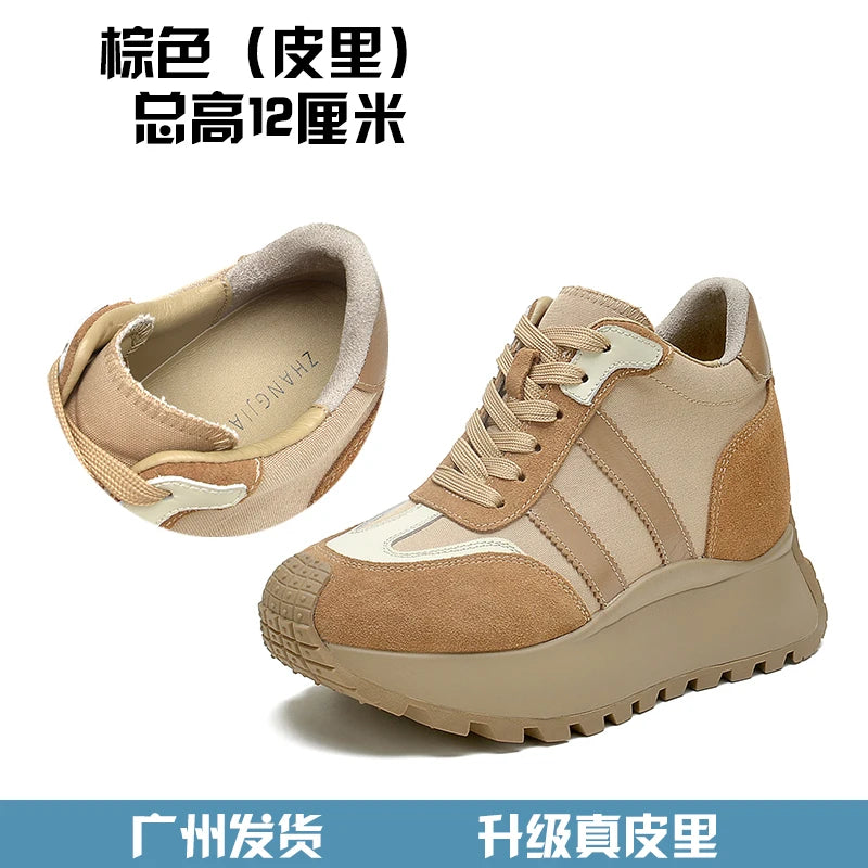 12cm Platform Shoes Women Height Increasing Sneaker Genuine Leather Sports Shoes 10cm Elevator Shoes Female German Army Trainer