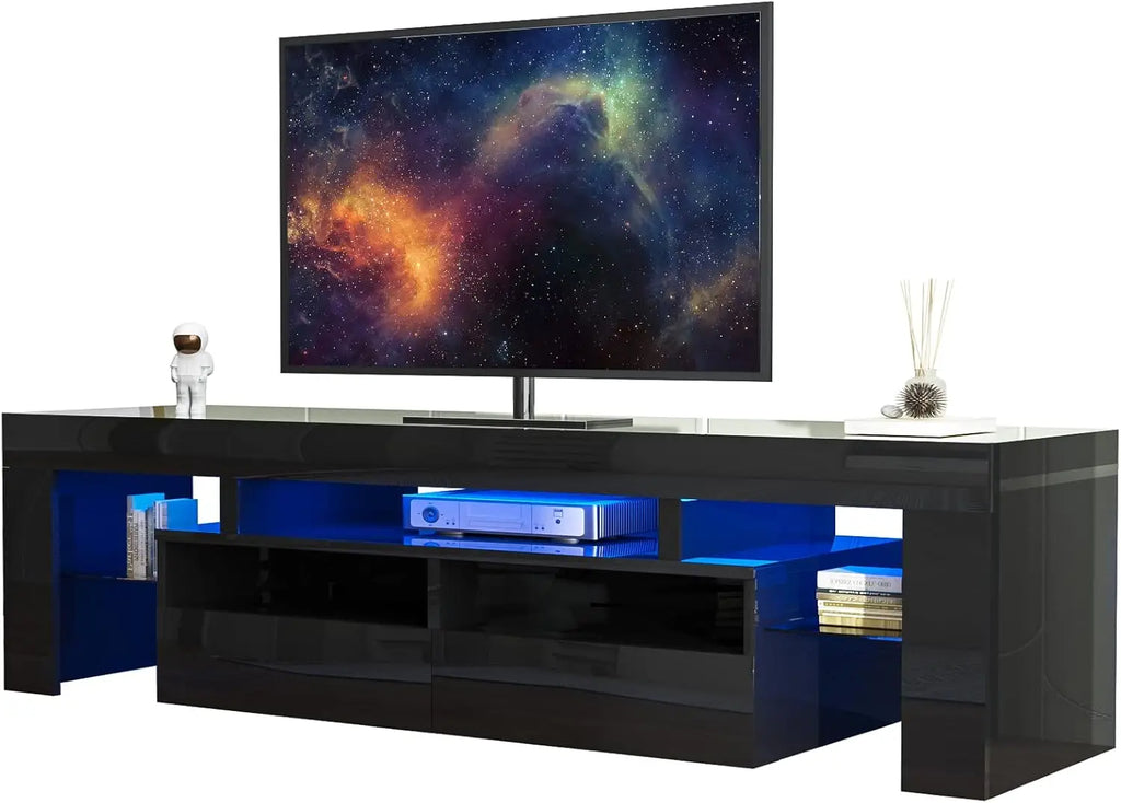 LED TV Stand for 90/100 inch TV, High Glossy Modern Entertainment Center with Drawer and Led Lights, Television Table