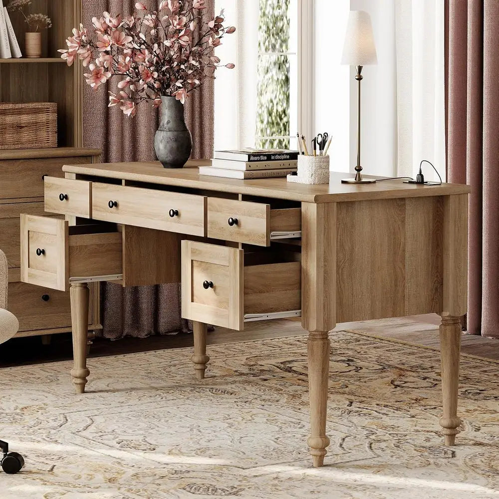 Executive Desk with Charging Station, 5 Drawers, Oak Wood, 55 for Home Office and Study