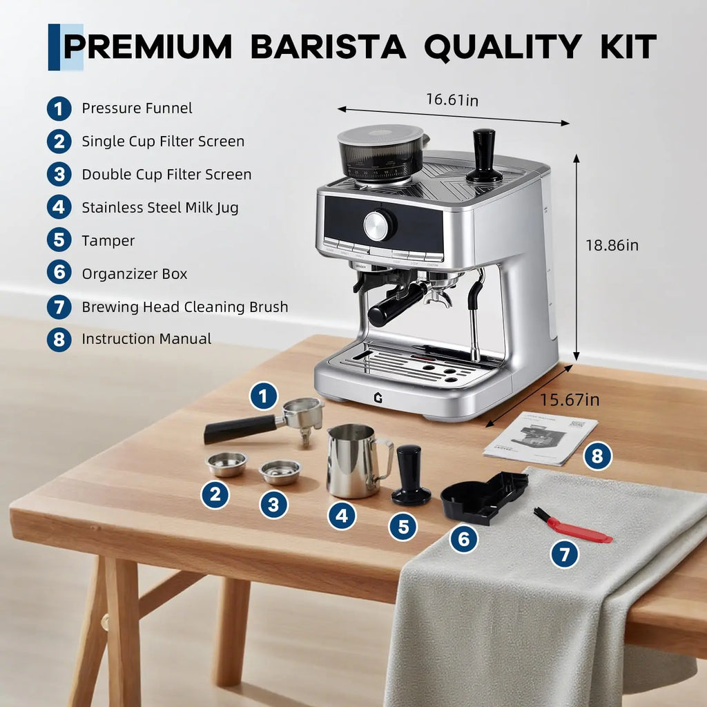 20-Bar Stainless Steel Espresso Machine With 30-Setting Grinder & Milk Frother 1.5L Removable Tank Adjustable Shot Volume