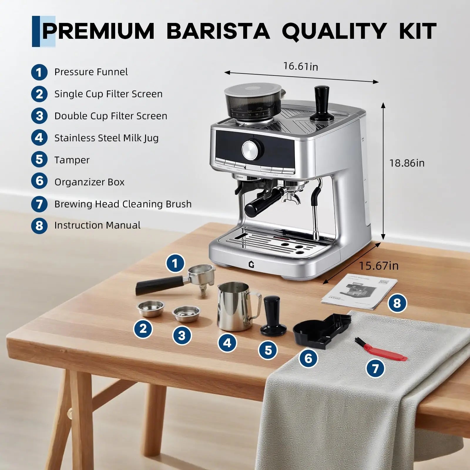 20-Bar Stainless Steel Espresso Machine With 30-Setting Grinder & Milk Frother 1.5L Removable Tank Adjustable Shot Volume