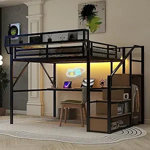 Queen Size Loft Bed with Stairs and Storage, Metal Loft Bed Frame with Bedside Shelf and Large Under-Bed Space, Heavy-Duty Beds