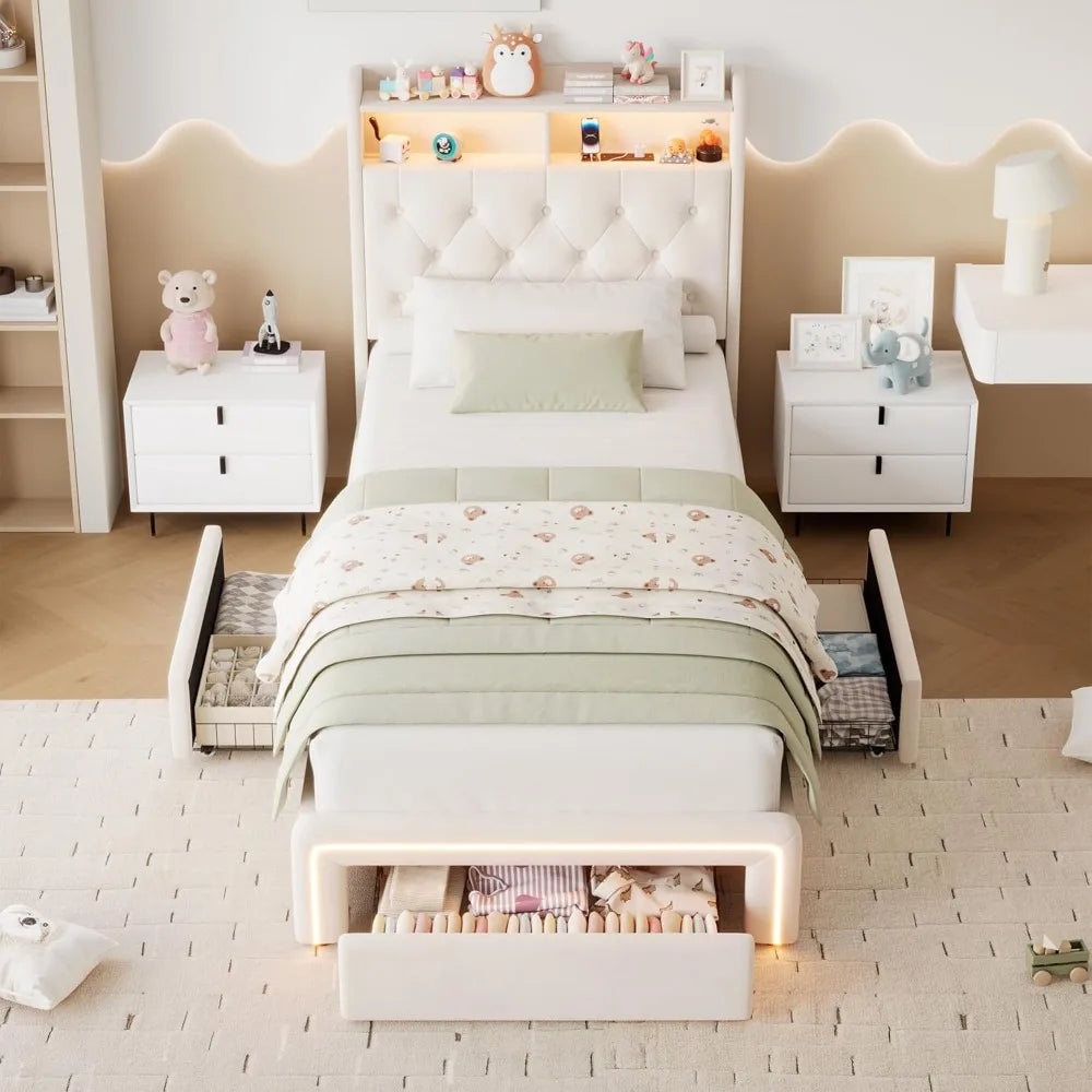 Twin LED Bed Frame with Storage Headboard & Charging Station, Velvet Fabric Platform Bed Frames with 3 Drawers, No Box Spring Ne