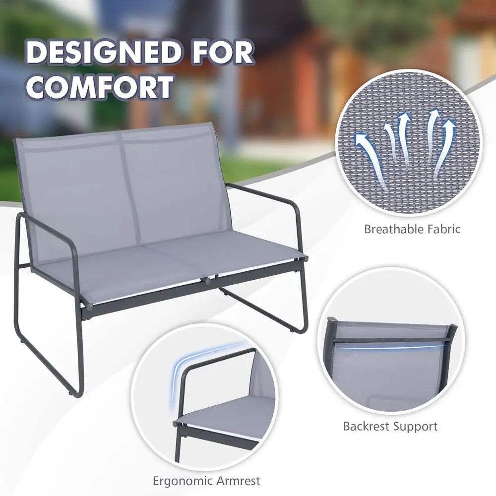 Gray Outdoor Patio Furniture Set: 4-Piece Metal and Fabric Conversation Area with Tempered Glass Table for Garden, Poolside Use