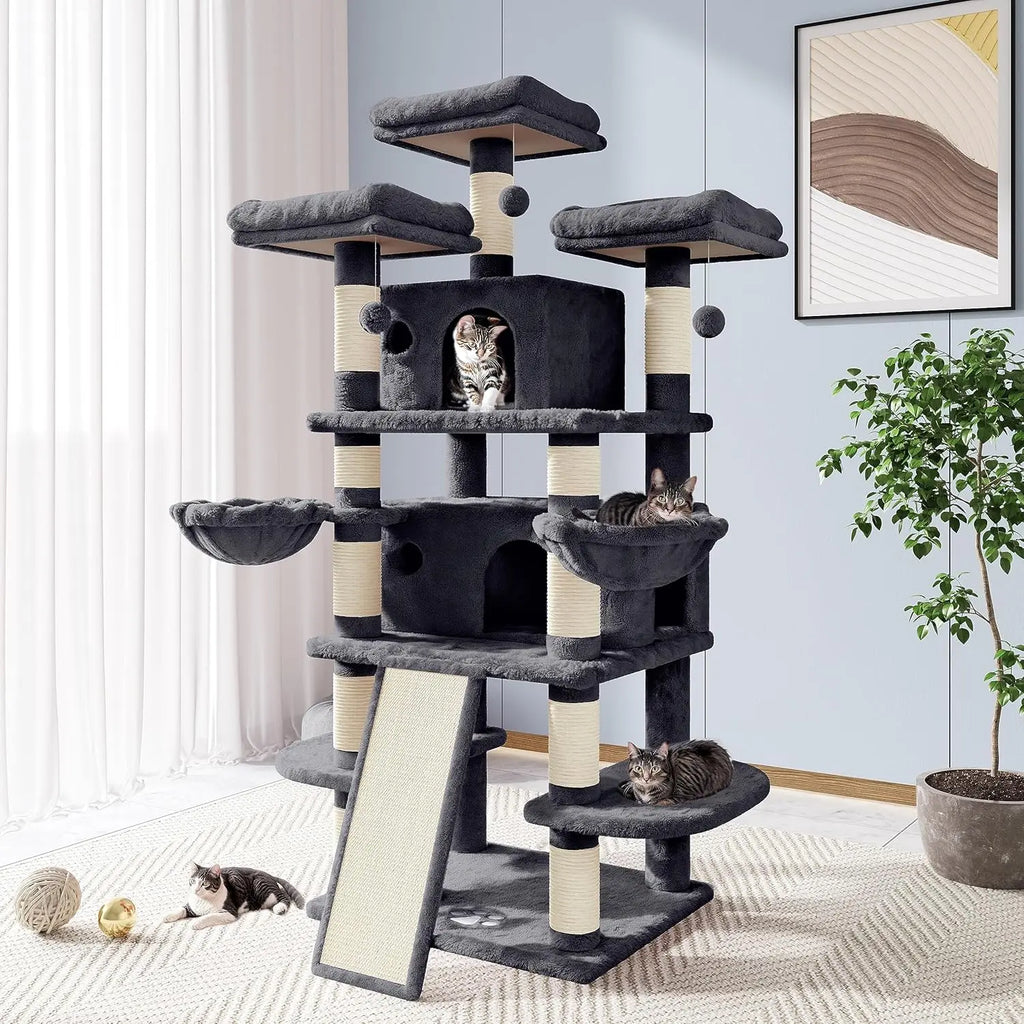 Large Cat Tree with Sisal Scratching Posts, Multi-Level Playhouse for Big Cats, Grey