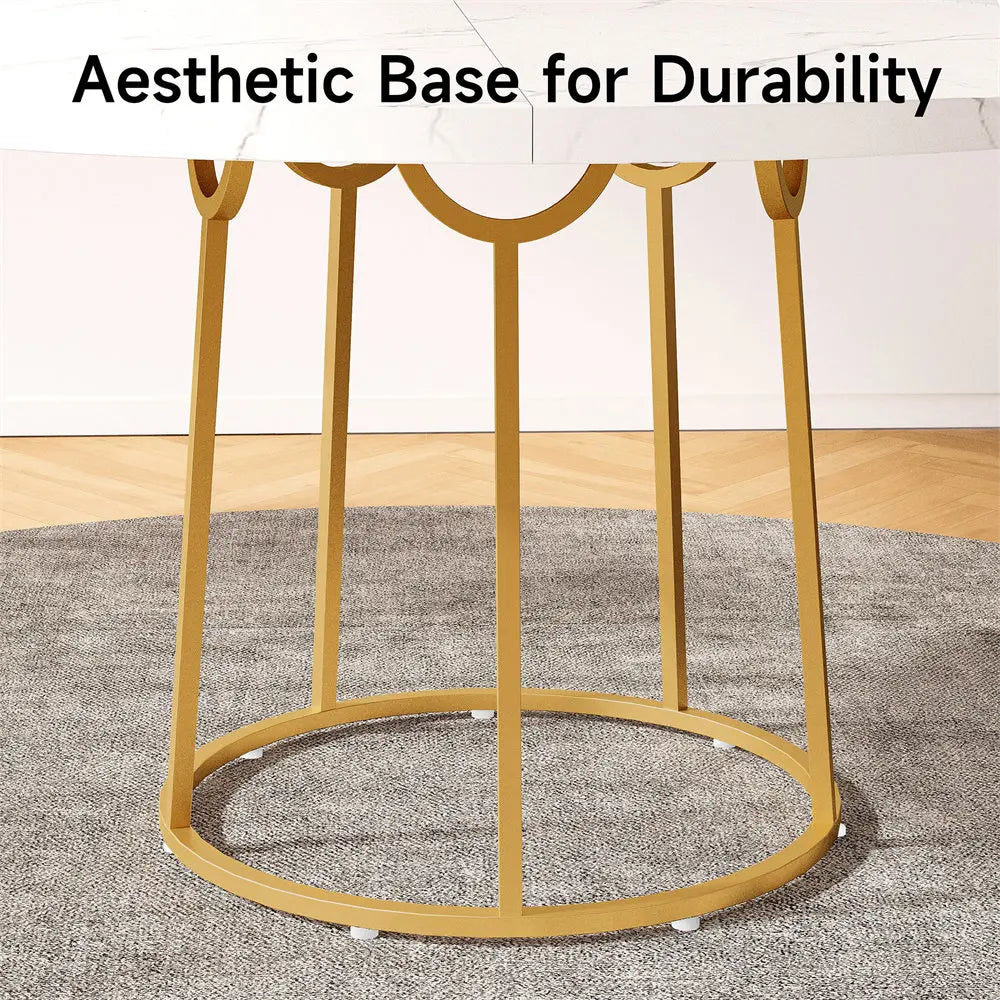 47.24 Inch Round Dining Table Kitchen Table for 4 People Wooden Marble Pattern Dinner Room Table with Gold Base for Home office