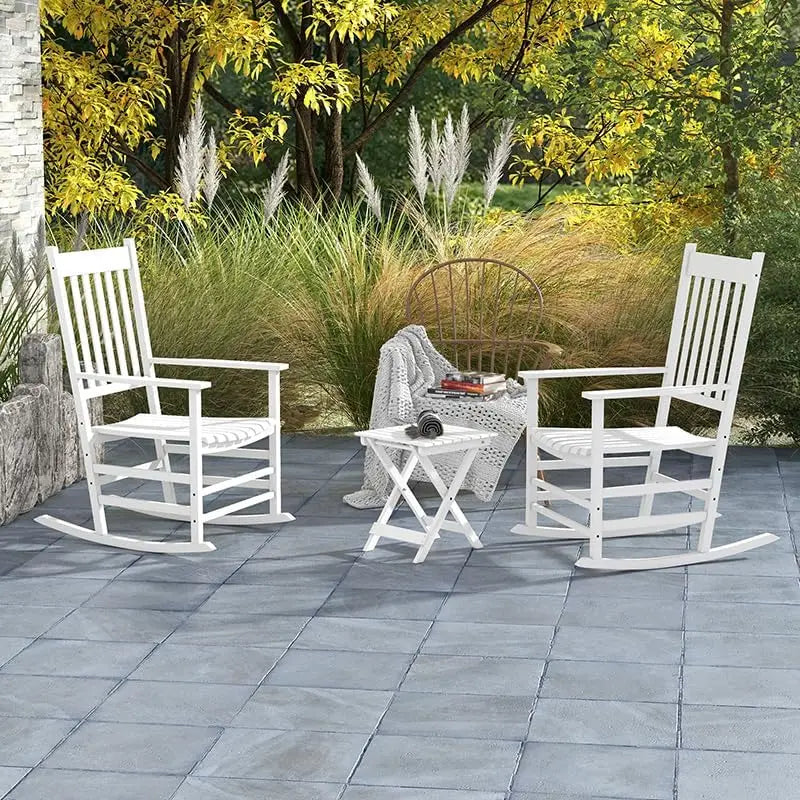 3 Piece Patio Rocking Chair Set, Outdoor Wood Conversation Set w/ 2 Rockers & 1 Coffee Table, Poplar Wooden Rocking Bistro