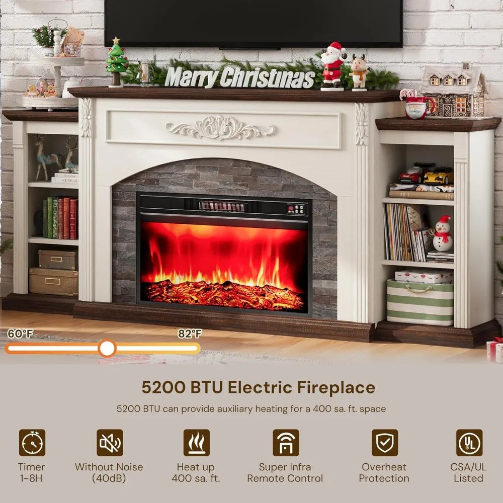80" Electric Fireplace with Mantel,Fireplace TV Stand for TVs Up to 90"Modern Entertainment Center with Realistic Stacked Stone