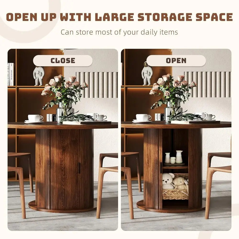 47 Circular Farmhouse Dining Table, Dark Brown, Seats 4-6, Storage Space, Suitable for Kitchen & Living Room