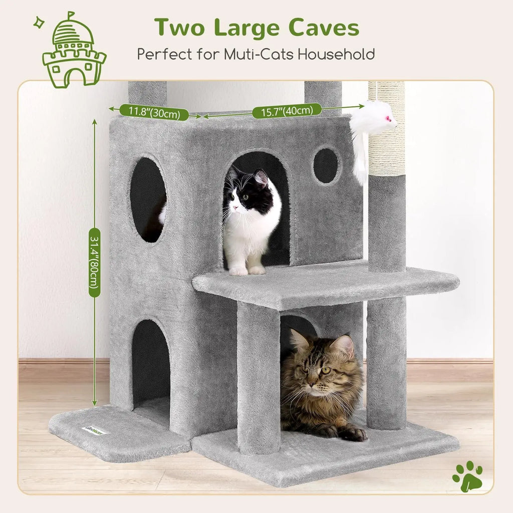 50-inch Cat Tree Tower for Large Indoor Cats with Steps, Scratching Post, Caves, and Toys in Light Grey