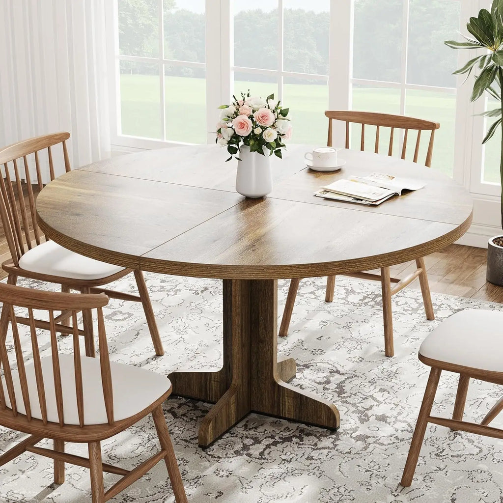 Round Dining Table for 4, 47 Inch Farmhouse Circle Kitchen Table with Wood Tabletop and Stable Base, for Home Dining Room Living