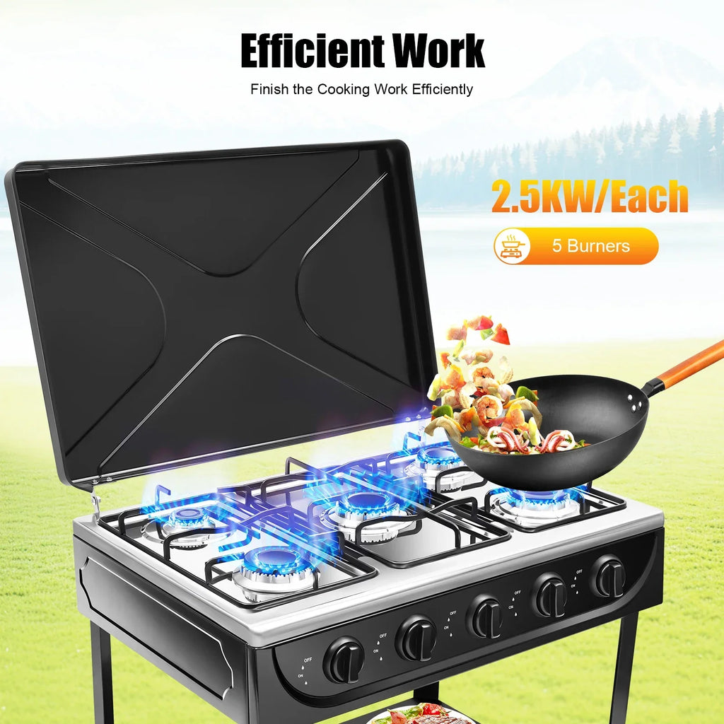 5-Burner Gas Stove Outdoor Camping Cooking BBQ Grill With 2-Tier Storage Rack