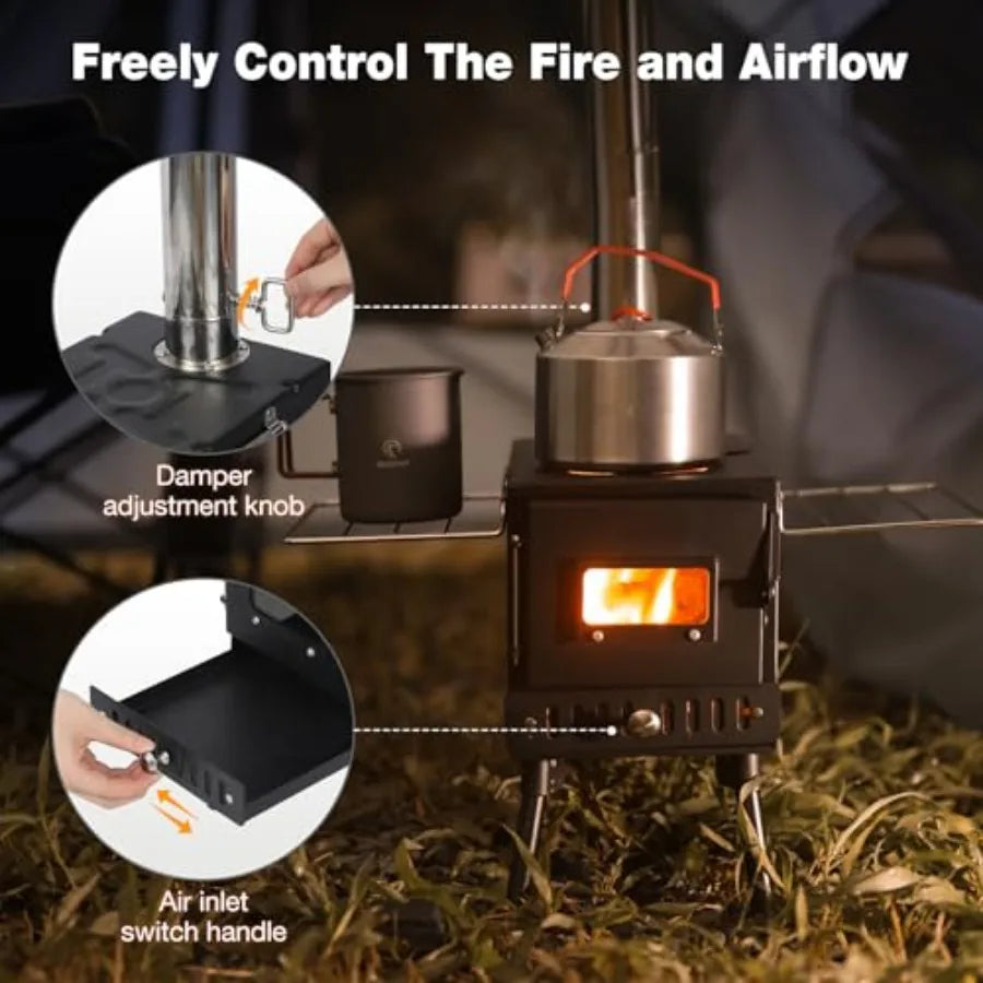 Portable Hot Tent Stove for Camping and Ice Fishing: Durable Alloy Steel Wood Burning Stove with Stainless Steel Sectional Chim