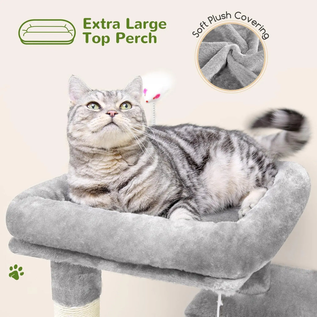 50-inch Cat Tree Tower for Large Indoor Cats with Steps, Scratching Post, Caves, and Toys in Light Grey