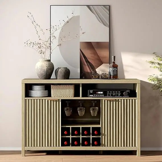 Fluted Bar Cabinet for Liquor, 51 Wide Modern Coffee Bar Sideboard with Glass Rack Adjustable Shelves, Farmhouse Buffet