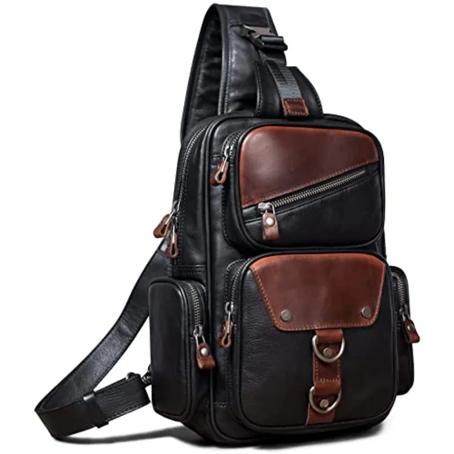 Genuine Leather Sling Bag for Men Large Crossbody Shoulder Bag Casual Sling Backpack Anti-Theft Travel Chest Purse