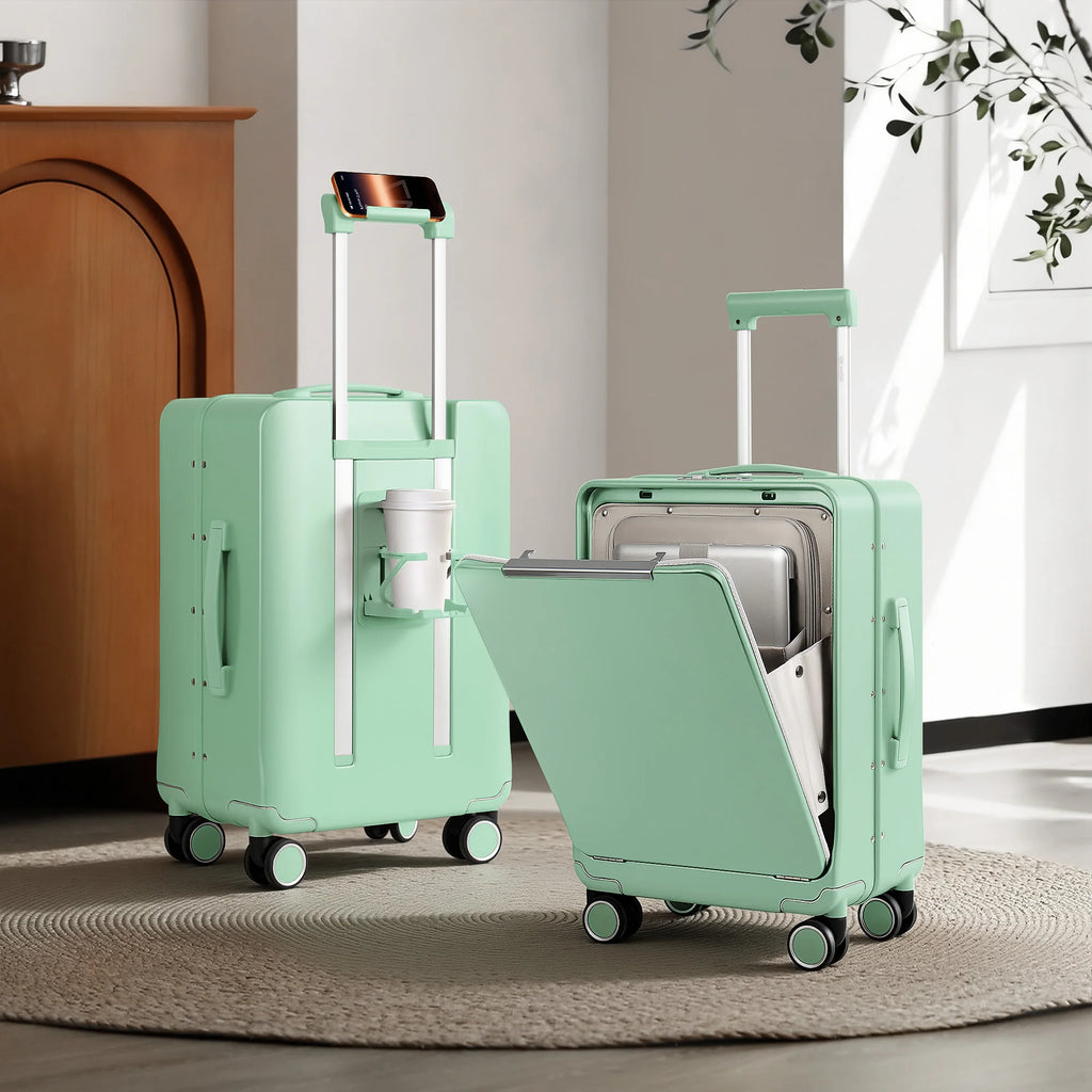 Aluminum Frame Suitcase Front Opening Rolling Travel Luggage Lightweight 20 Inch Carry-On Suitcase with Cup Holder & Side Hooks