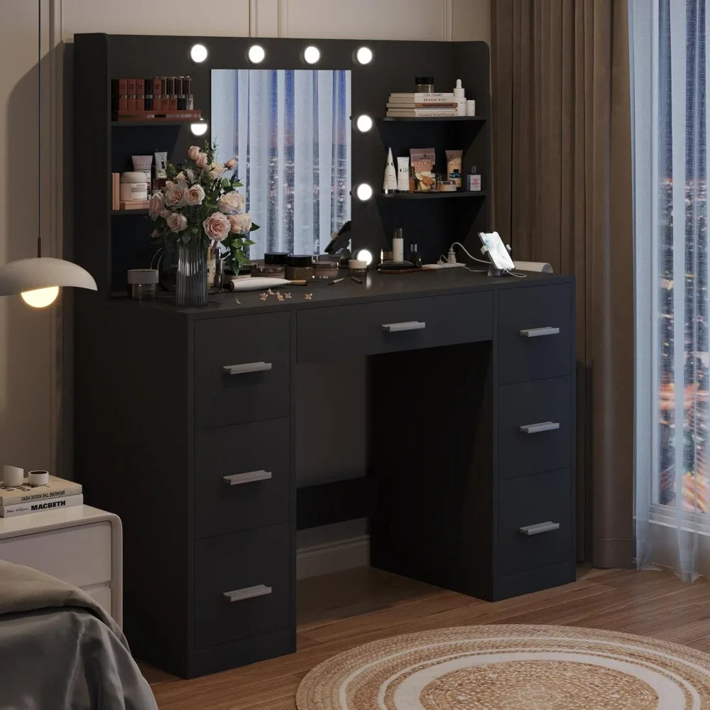 Vanity Desk with Mirror, Power Outlet and 10 Lights, Makeup Table with 7 Drawers, 3 Color Modes Available for Bedroom
