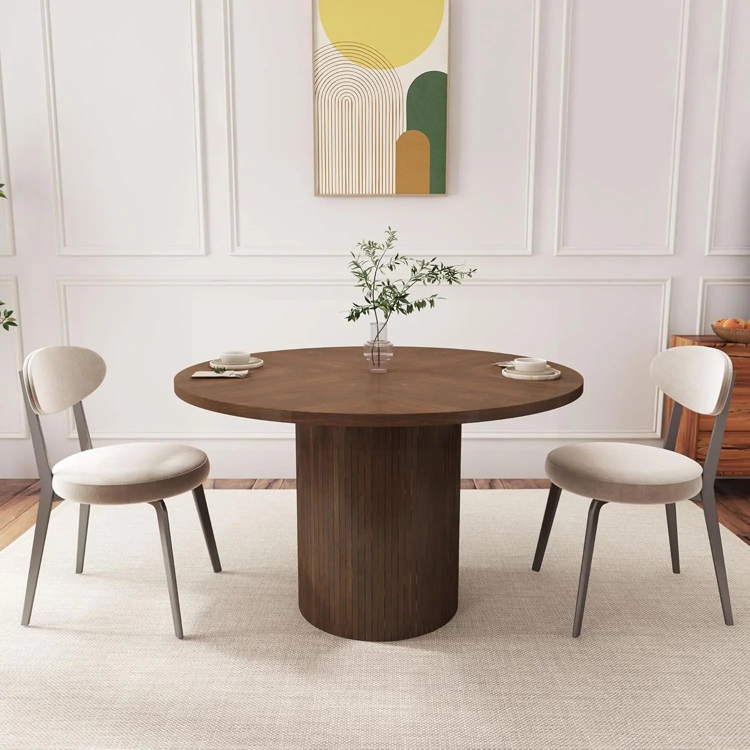Fluted Round Dining Table, 47-inch Wood Kitchen for 4, Farmhouse Circle Table with Strip Base for Kitchen, Living Room, Walnut